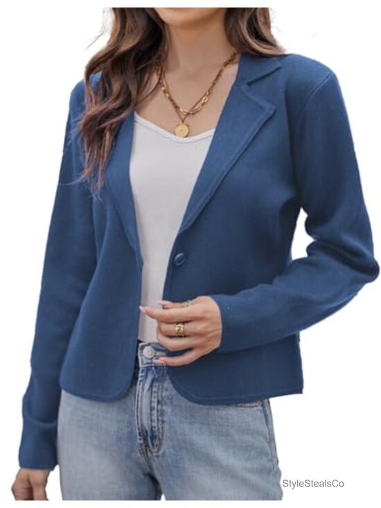 Jackets & Blazers - Cropped Knit Blazer Jacket with Notched Collar - Work Wear